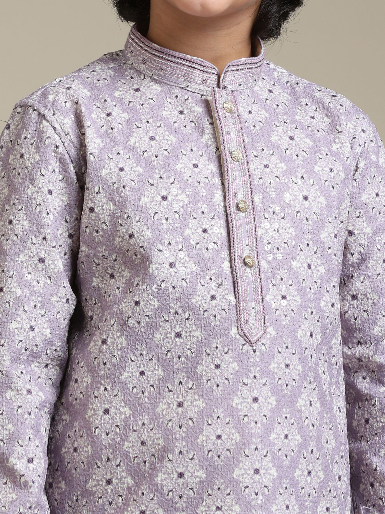 Manyavar Boys Boys Soft Lilac Chikankari Inspired Jaal Patterned Kurta Set