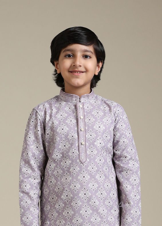 Manyavar Boys Boys Soft Lilac Chikankari Inspired Jaal Patterned Kurta Set