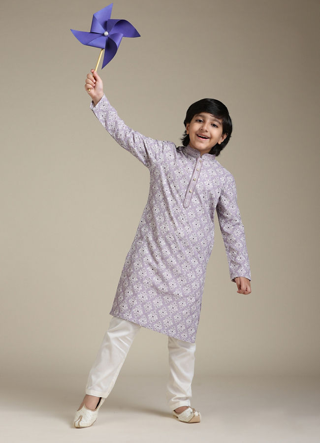 Manyavar Boys Boys Soft Lilac Chikankari Inspired Jaal Patterned Kurta Set