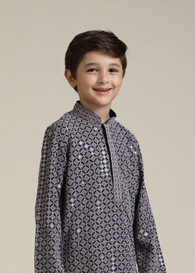 alt message - Manyavar Boys Boys Concrete Grey Harlequin Patterned Kurta Set with Sequin Work image number 0