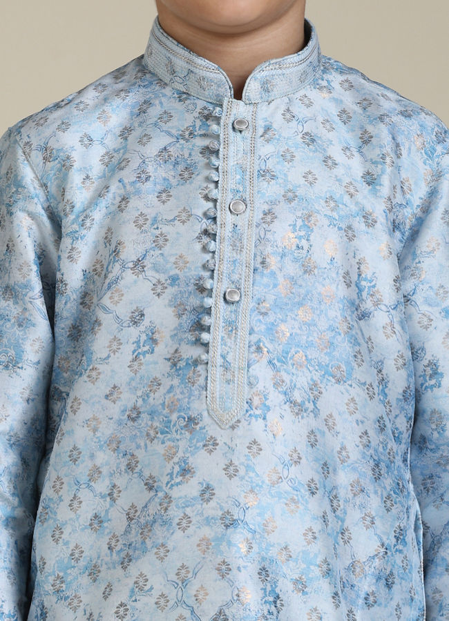 Manyavar Boys Boys Ice Blue Abstract Printed Kurta Set with Buta Pattern