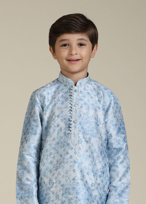 Manyavar Boys Boys Ice Blue Abstract Printed Kurta Set with Buta Pattern