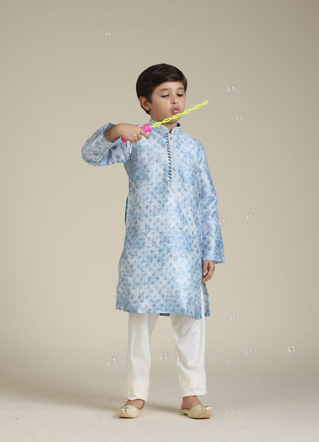 Manyavar Boys Boys Ice Blue Abstract Printed Kurta Set with Buta Pattern