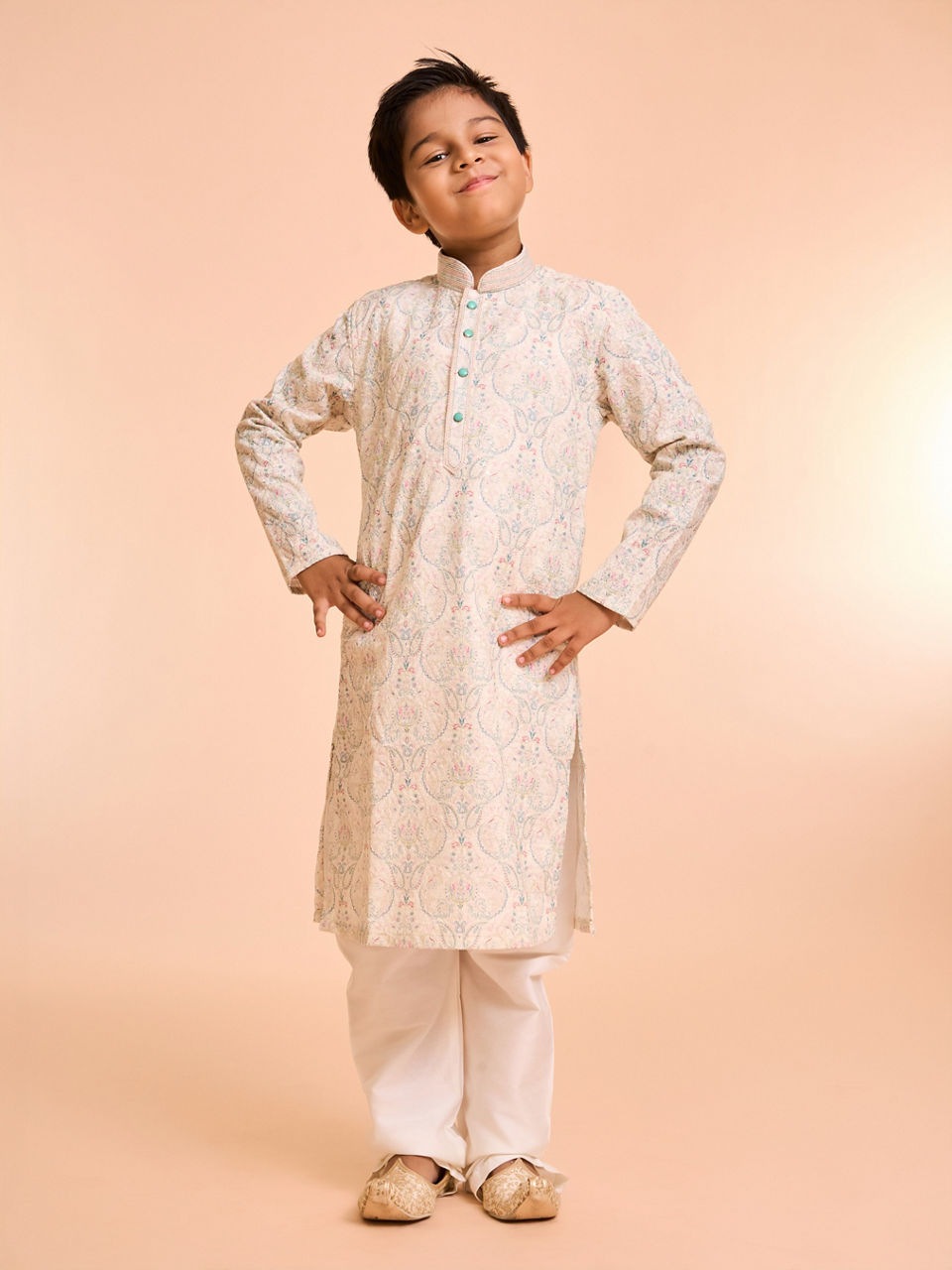 Manyavar Boys Prismatic Pista Green Kurta Pajama Set