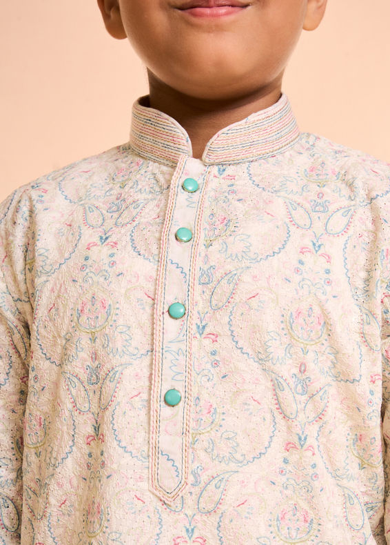 Manyavar Boys Prismatic Pista Green Kurta Pajama Set