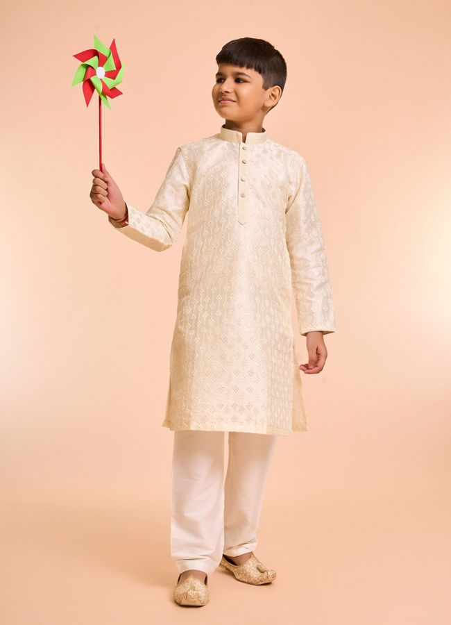 Manyavar Boys Charming Cream Art Silk Kurta Pyjama