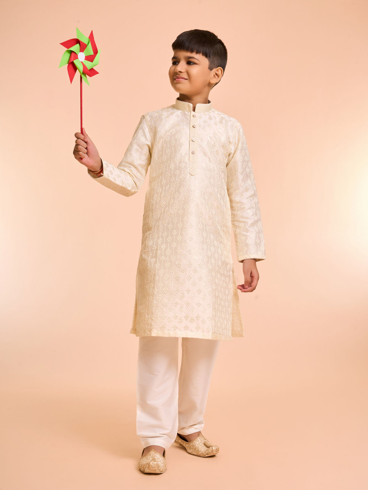 Manyavar Boys Charming Cream Art Silk Kurta Pyjama