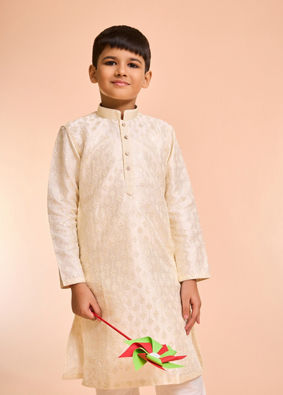 Manyavar Boys Charming Cream Art Silk Kurta Pyjama