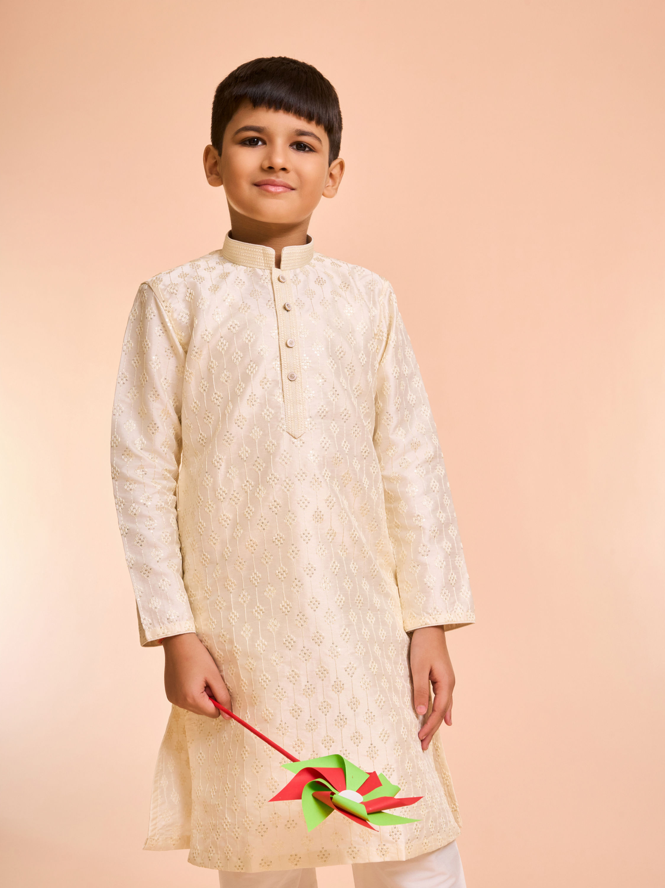 Manyavar Boys Charming Cream Art Silk Kurta Pyjama
