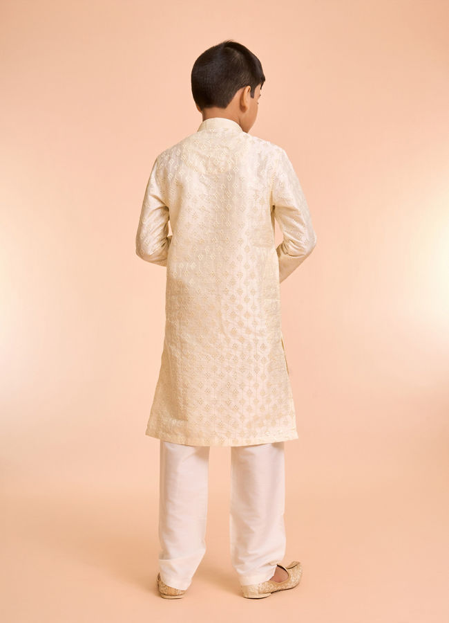 Manyavar Boys Charming Cream Art Silk Kurta Pyjama