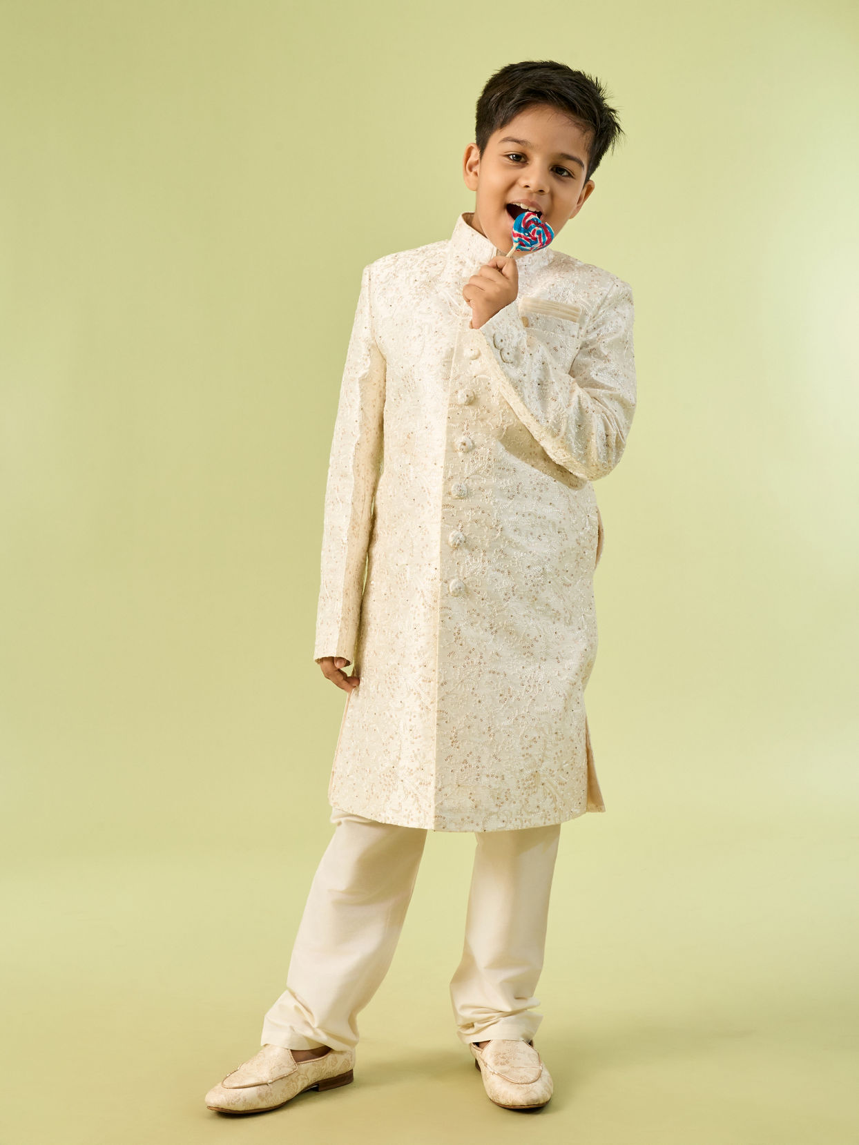 Manyavar Boys Cream Colored Sherwani Ensemble