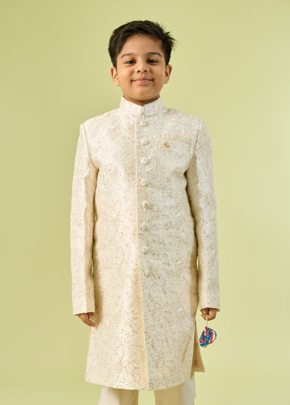 Manyavar Boys Cream Colored Sherwani Ensemble
