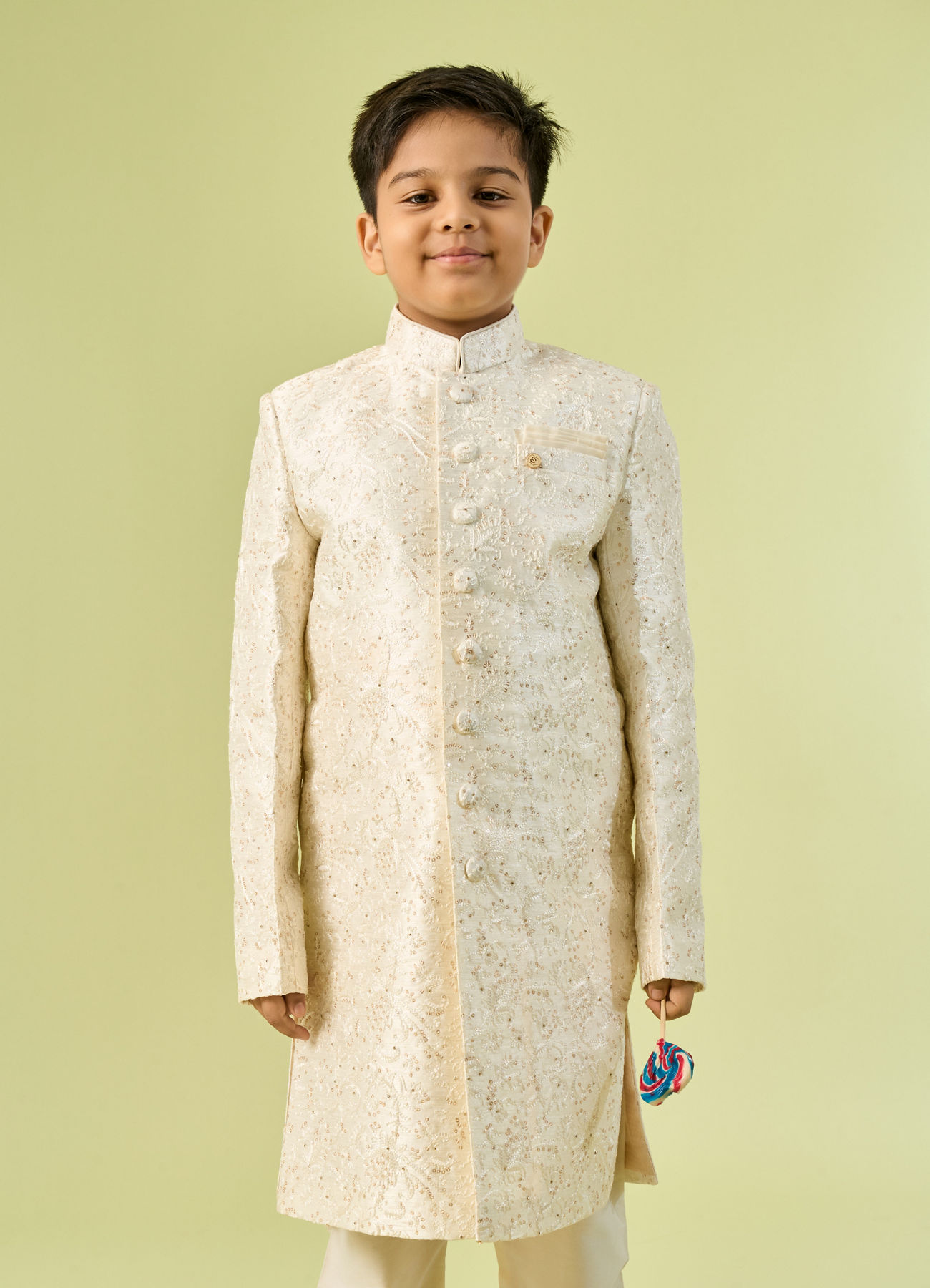 Manyavar Boys Cream Colored Sherwani Ensemble