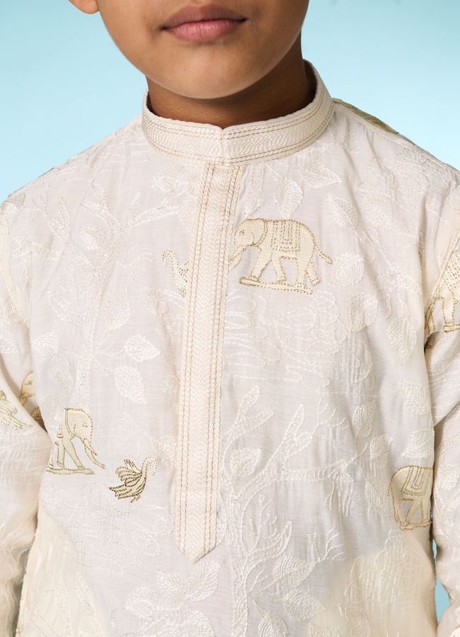 Manyavar Boys Cream Embroidered Straight Kurta Pajama