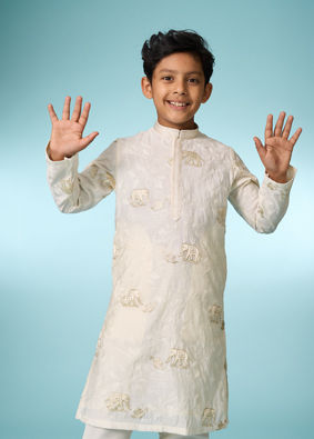 Manyavar Boys Cream Embroidered Straight Kurta Pajama