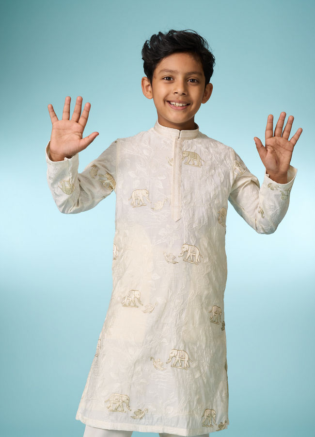 Manyavar Boys Cream Embroidered Straight Kurta Pajama