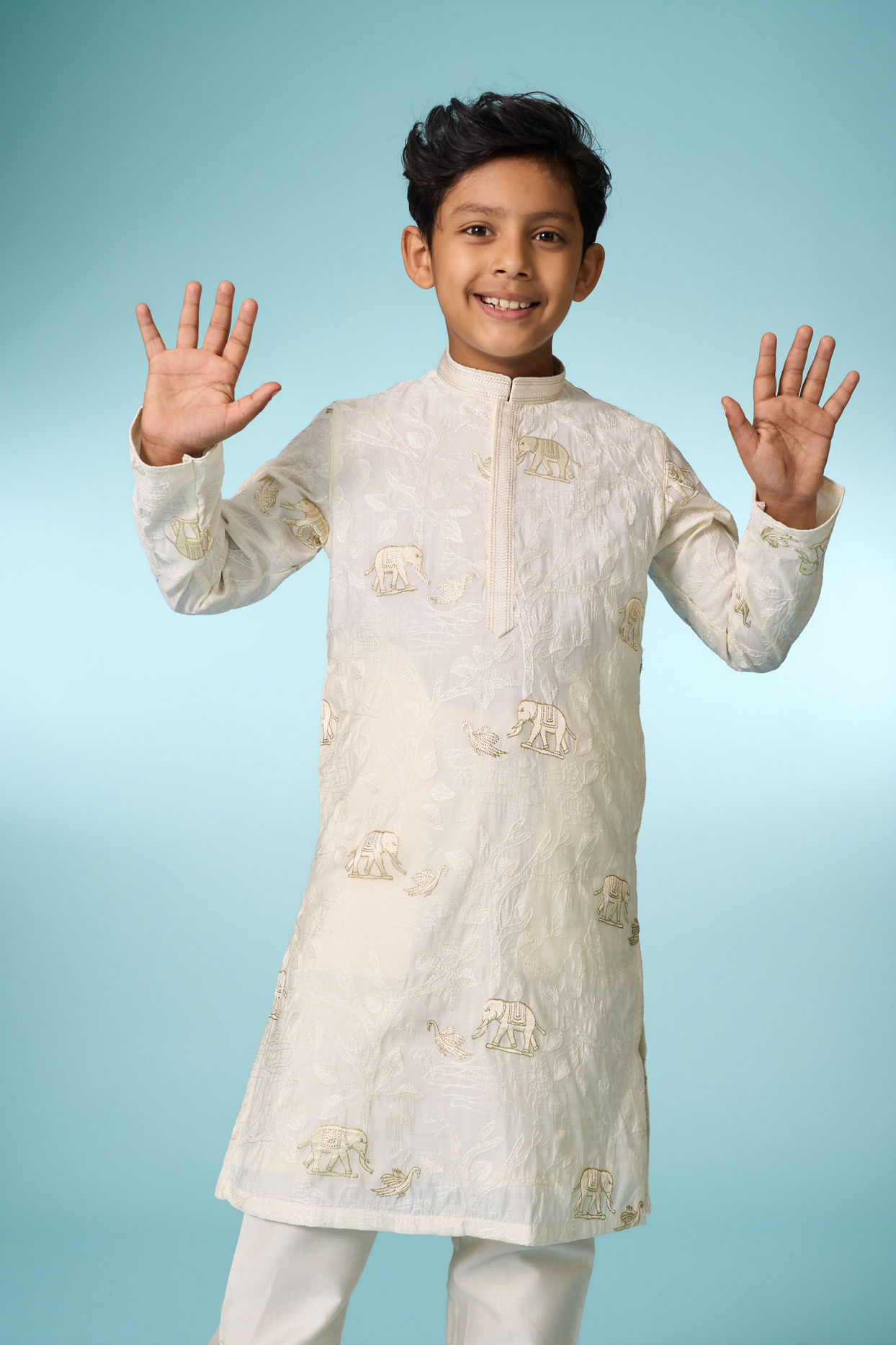 Manyavar Boys Cream Embroidered Straight Kurta Pajama