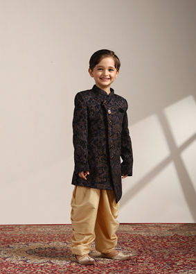 Boys Navy Blue Buti Patterned Angrakha Indo Western Set image number 2