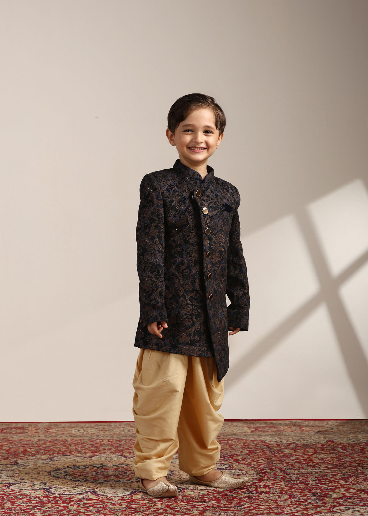 Manyavar Boys Boys Navy Blue Buti Patterned Angrakha Indo Western Set