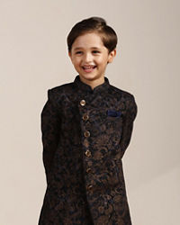 Manyavar Boys Boys Navy Blue Buti Patterned Angrakha Indo Western Set