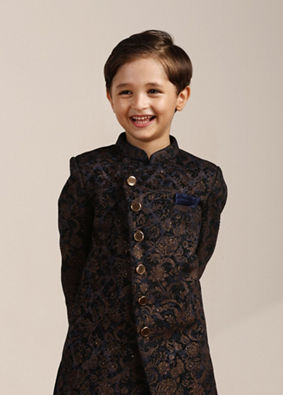 Boys Navy Blue Buti Patterned Angrakha Indo Western Set image number 0