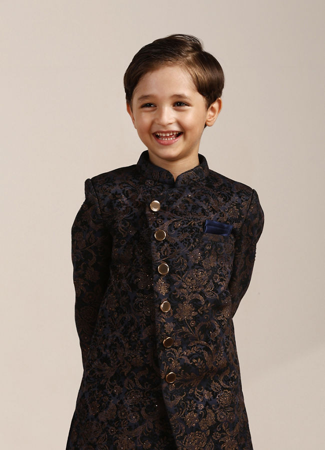 alt message - Manyavar Boys Boys Navy Blue Buti Patterned Angrakha Indo Western Set image number 0