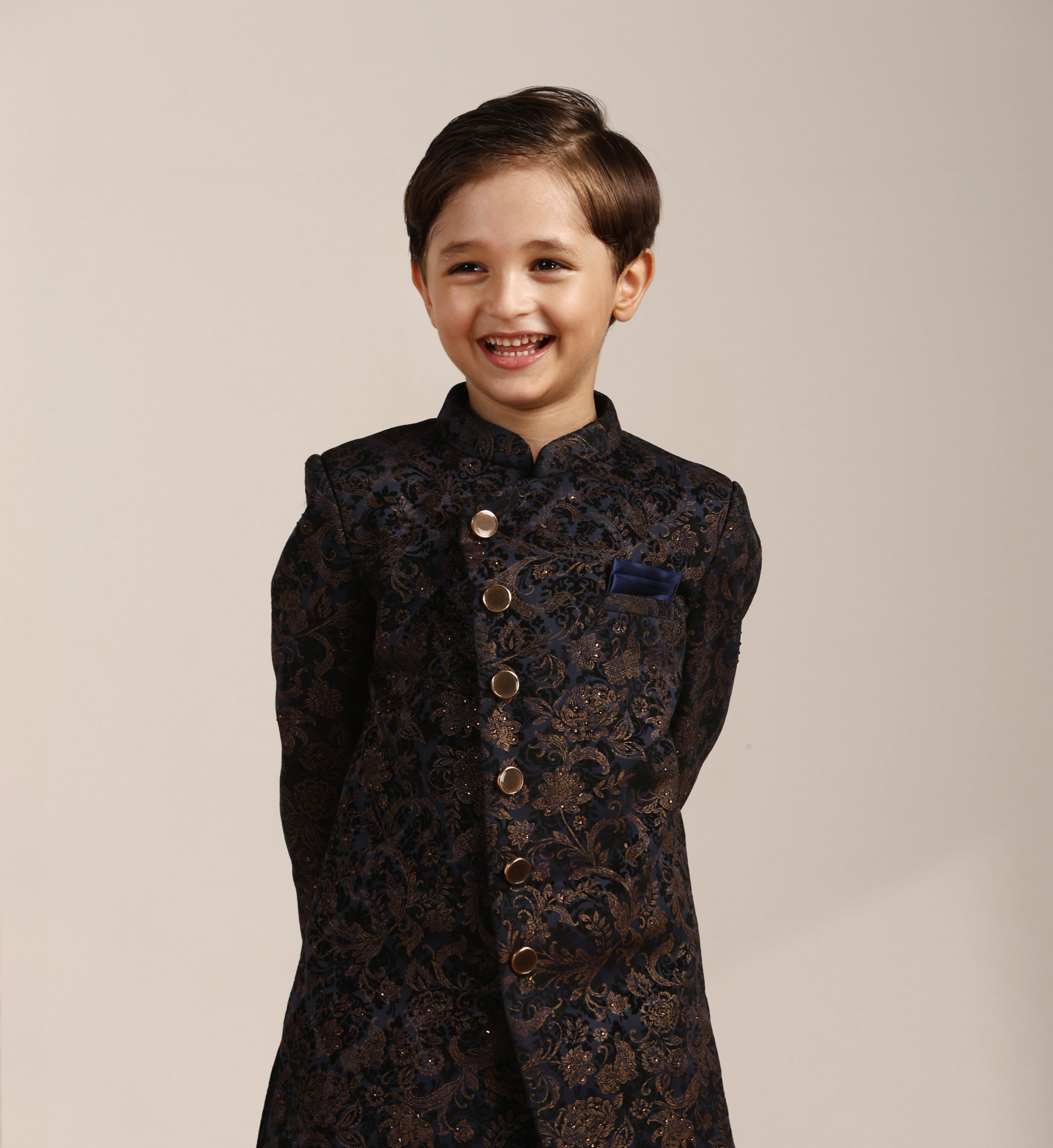 Manyavar Boys Boys Navy Blue Buti Patterned Angrakha Indo Western Set