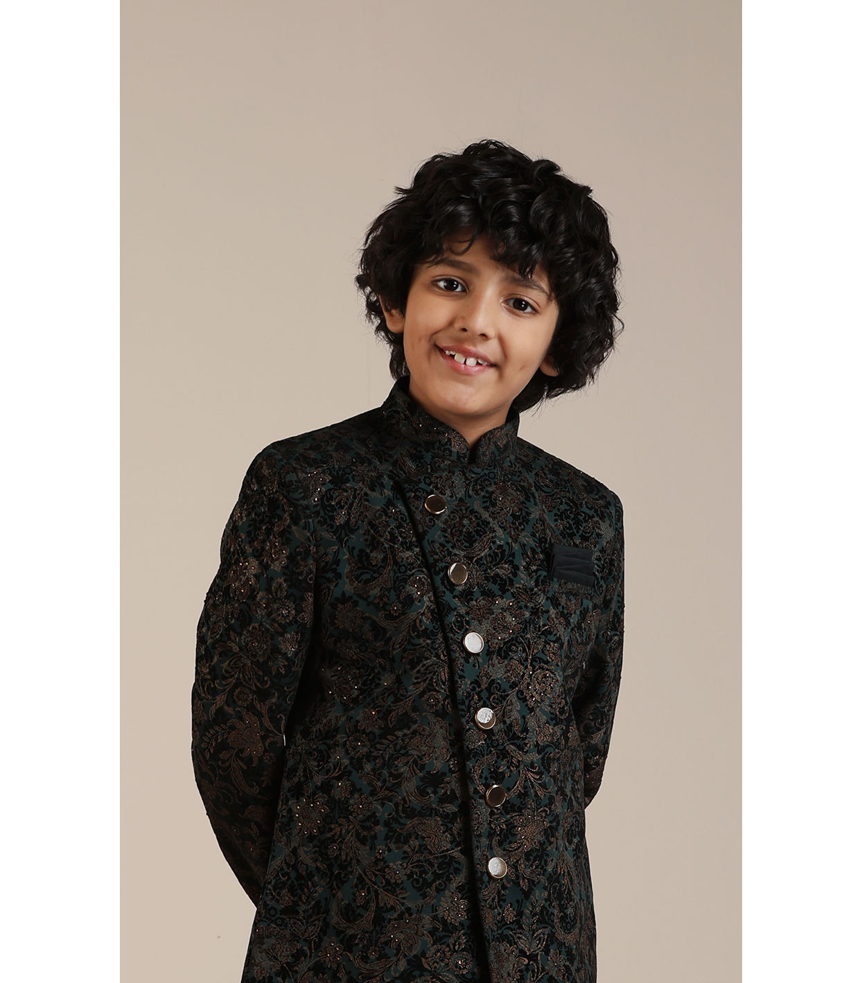 Manyavar Boys Boys Dark Green Bel Buti Patterned Indo Western Set
