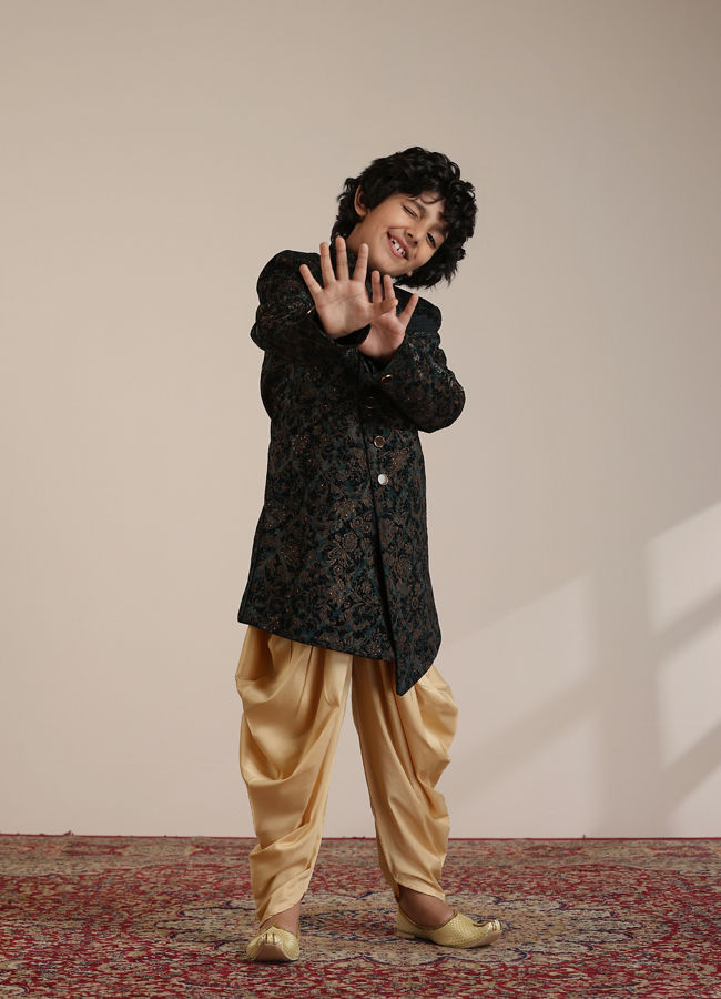Manyavar Boys Boys Dark Green Bel Buti Patterned Indo Western Set