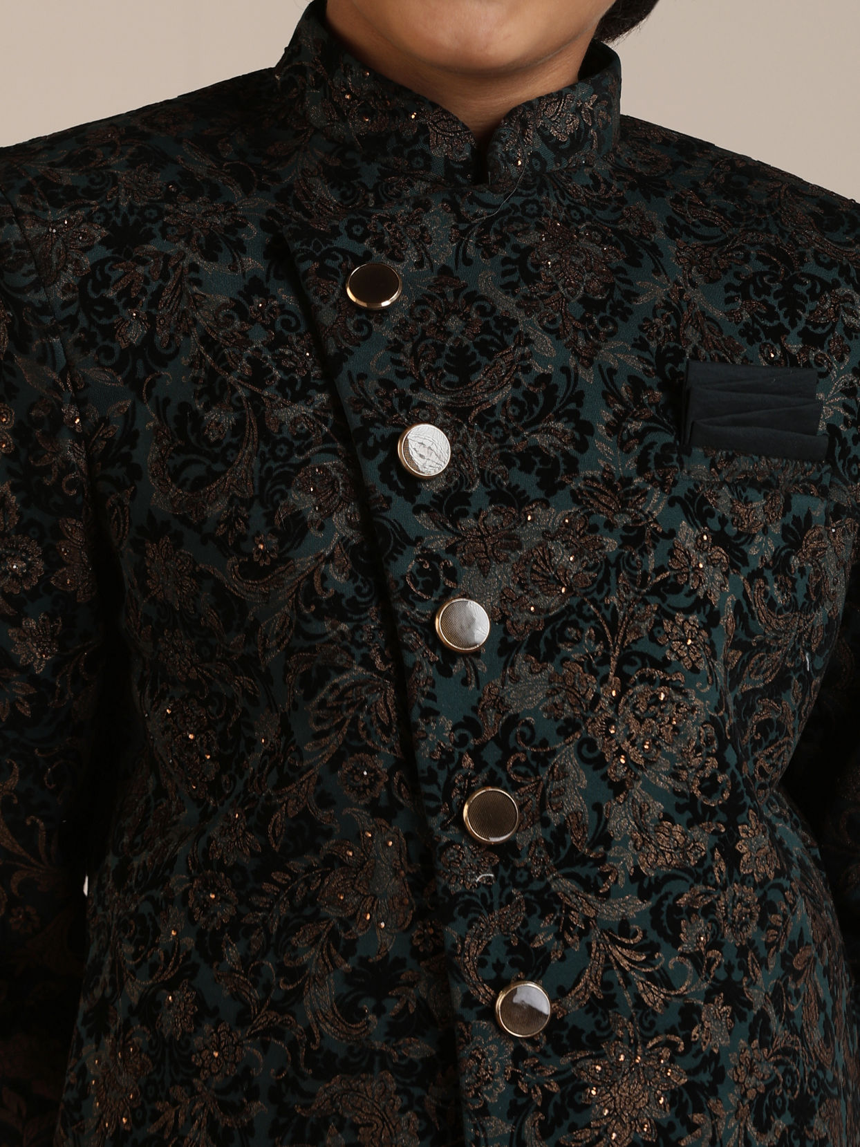 Manyavar Boys Boys Dark Green Bel Buti Patterned Indo Western Set