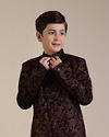 alt message - Manyavar Boys Boys Wine Bel Buti Patterned Indo-Western Set image number 0