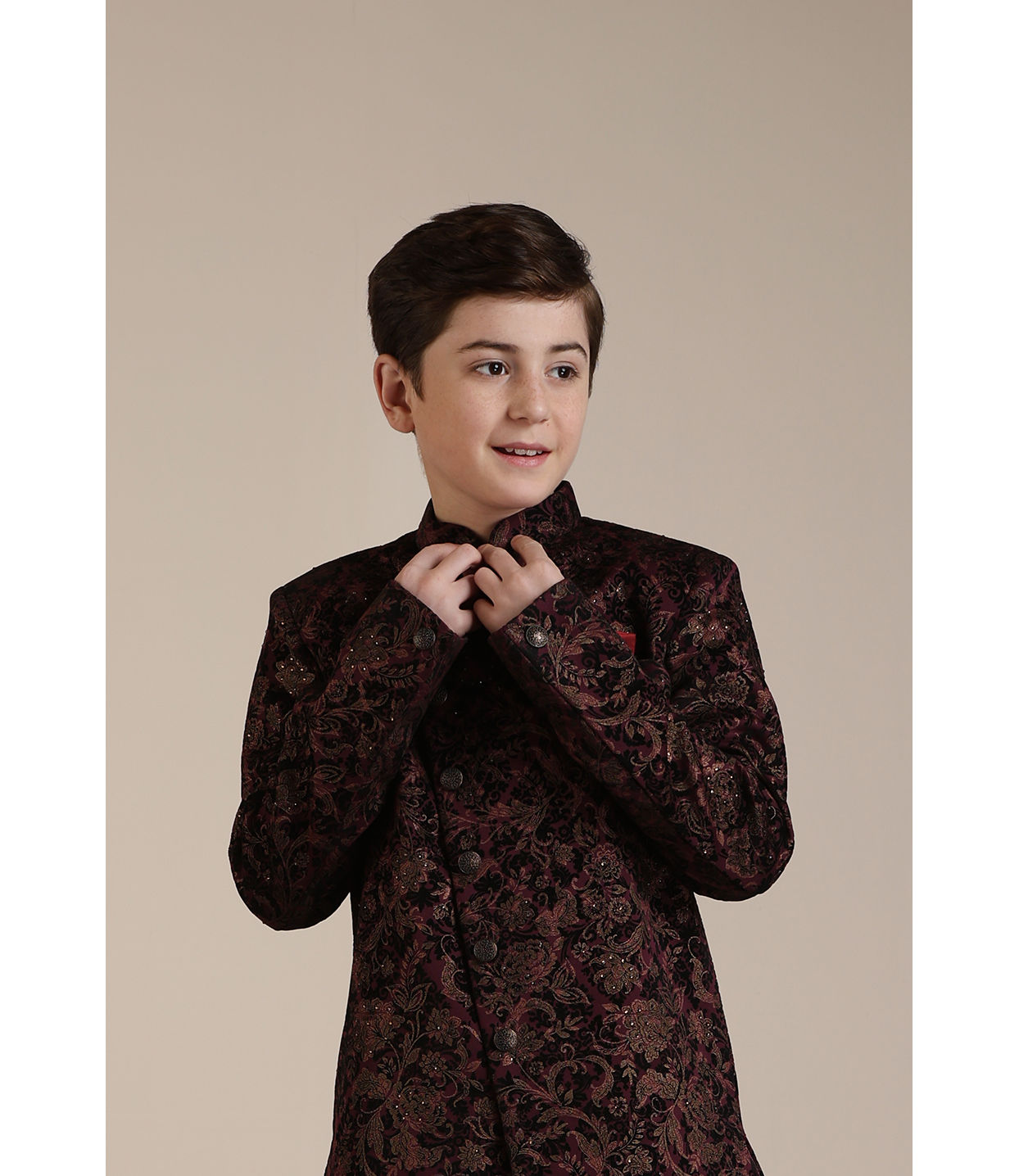 Manyavar Boys Boys Wine Bel Buti Patterned Indo Western Set