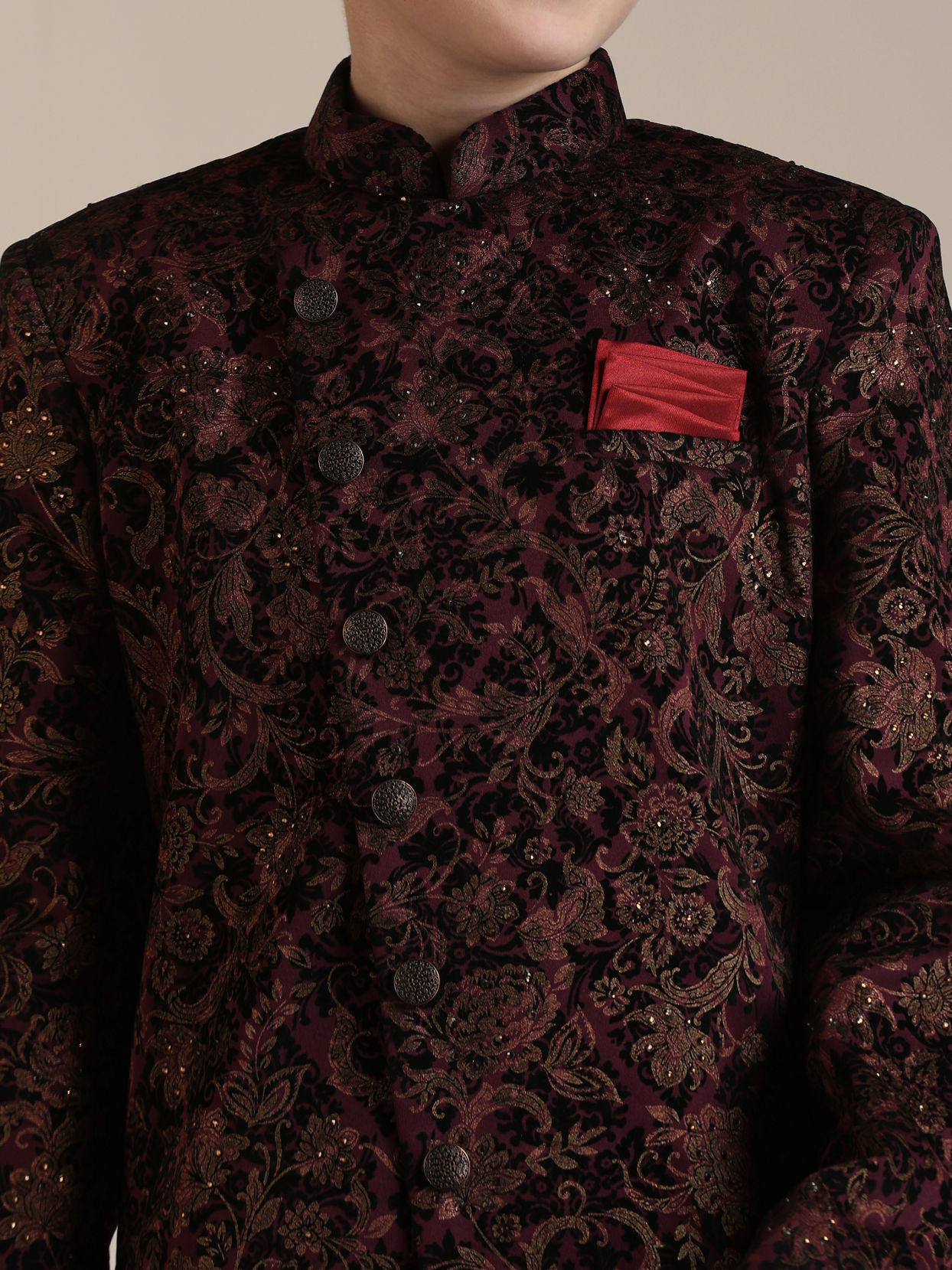 Manyavar Boys Boys Wine Bel Buti Patterned Indo Western Set
