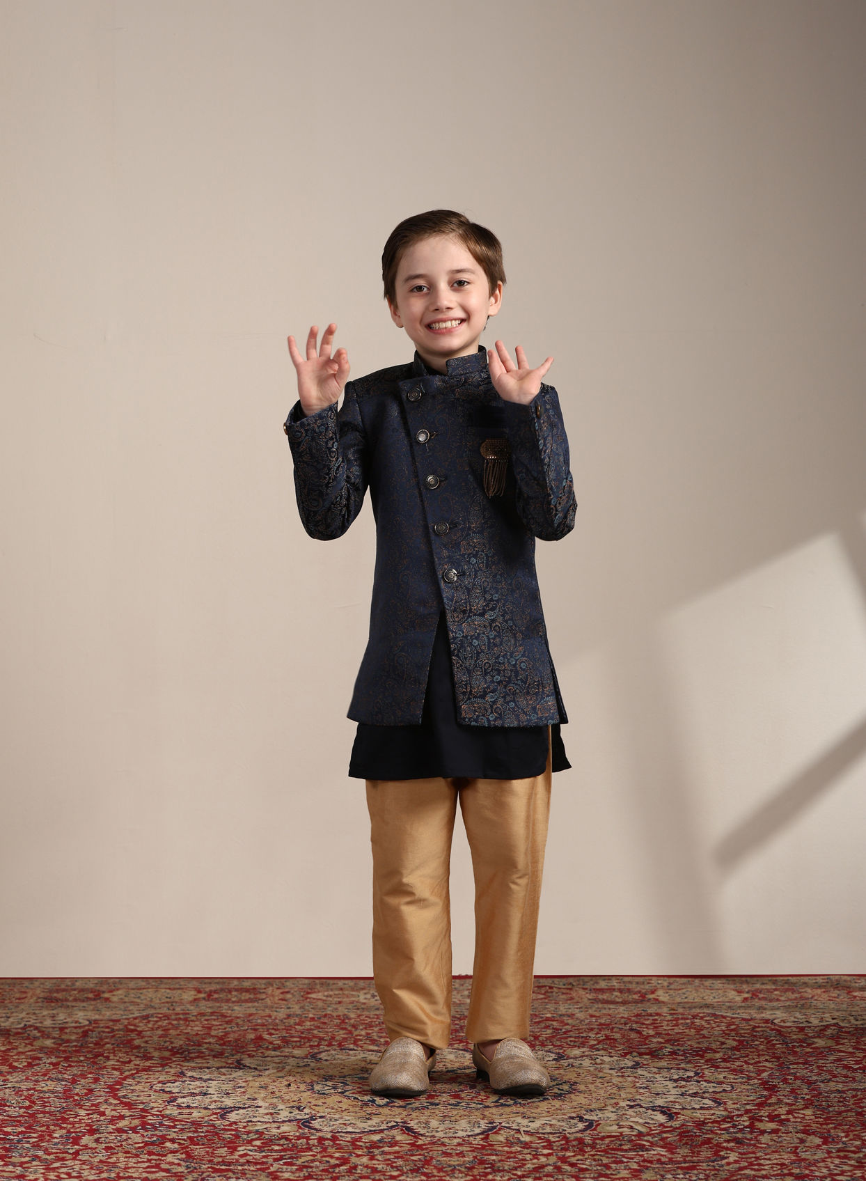 Manyavar Boys Boys Blue Paisley Patterned Angrakha Style Indo Western Set