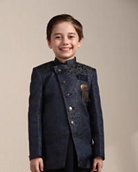 Manyavar Boys Boys Blue Paisley Patterned Angrakha Style Indo Western Set