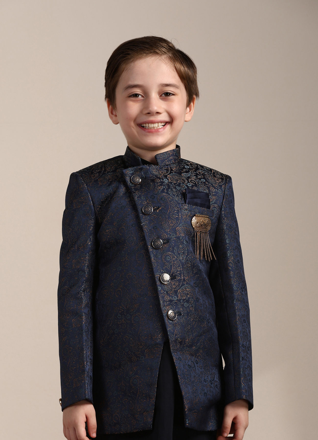 Manyavar Boys Boys Blue Paisley Patterned Angrakha Style Indo Western Set