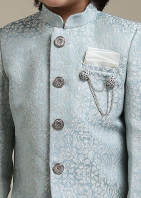 alt message - Manyavar Boys Boys Ice Blue Indo Western Set with Imperial Patterns in Brocade Weave image number 1