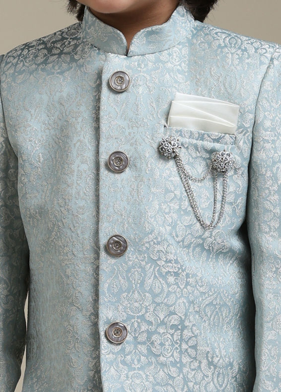 Manyavar Boys Boys Ice Blue Indo Western Set with Imperial Patterns in Brocade Weave