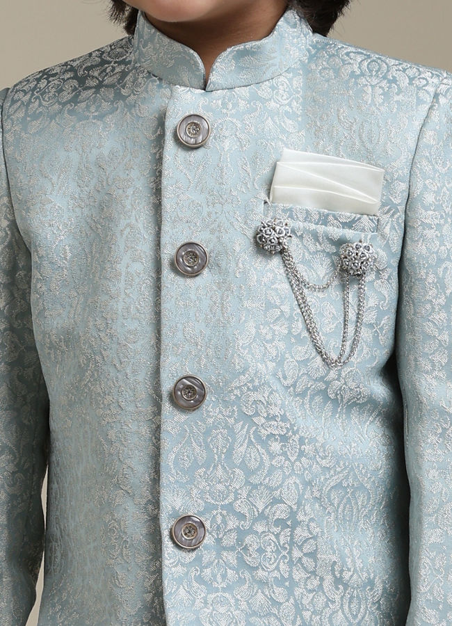 alt message - Manyavar Boys Boys Ice Blue Indo Western Set with Imperial Patterns in Brocade Weave image number 1