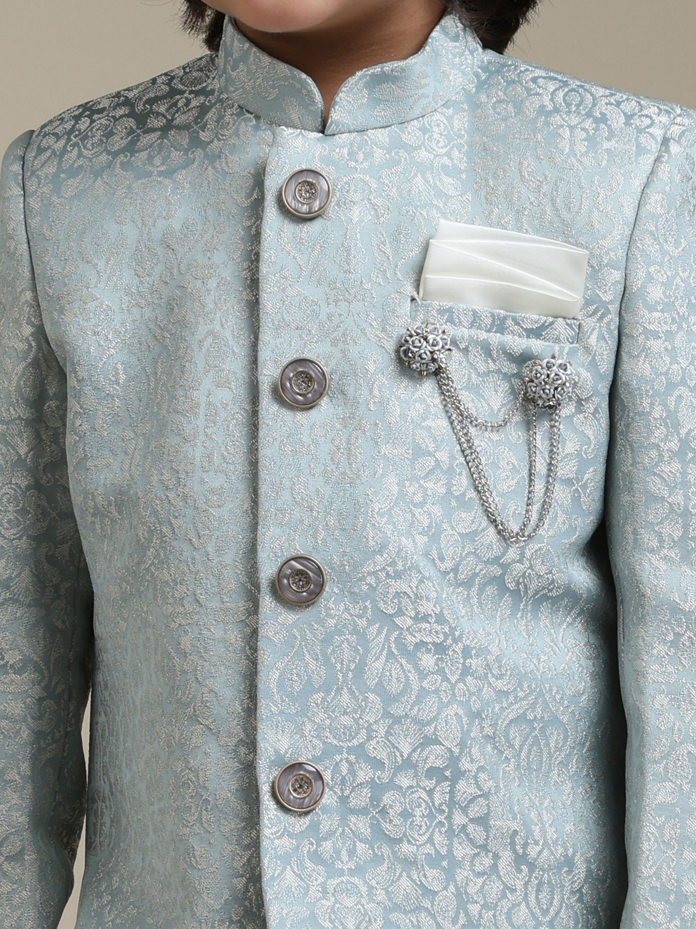 Manyavar Boys Boys Ice Blue Indo Western Set with Imperial Patterns in Brocade Weave