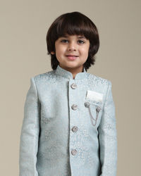 Manyavar Boys Boys Ice Blue Indo Western Set with Imperial Patterns in Brocade Weave