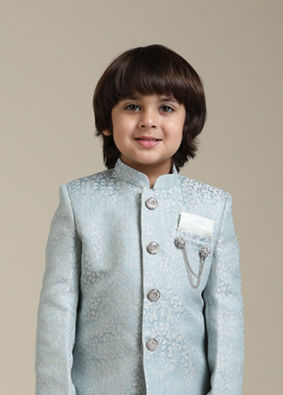 alt message - Manyavar Boys Boys Ice Blue Indo Western Set with Imperial Patterns in Brocade Weave image number 0