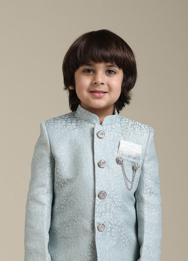 alt message - Manyavar Boys Boys Ice Blue Indo Western Set with Imperial Patterns in Brocade Weave image number 0