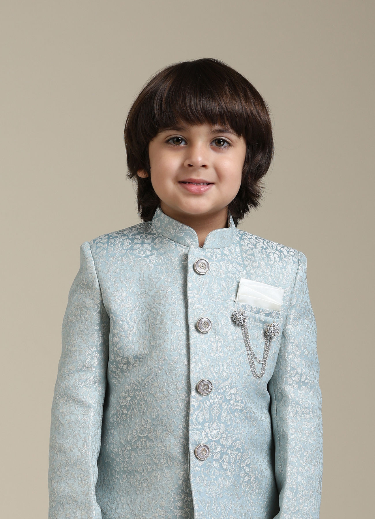 Manyavar Boys Boys Ice Blue Indo Western Set with Imperial Patterns in Brocade Weave