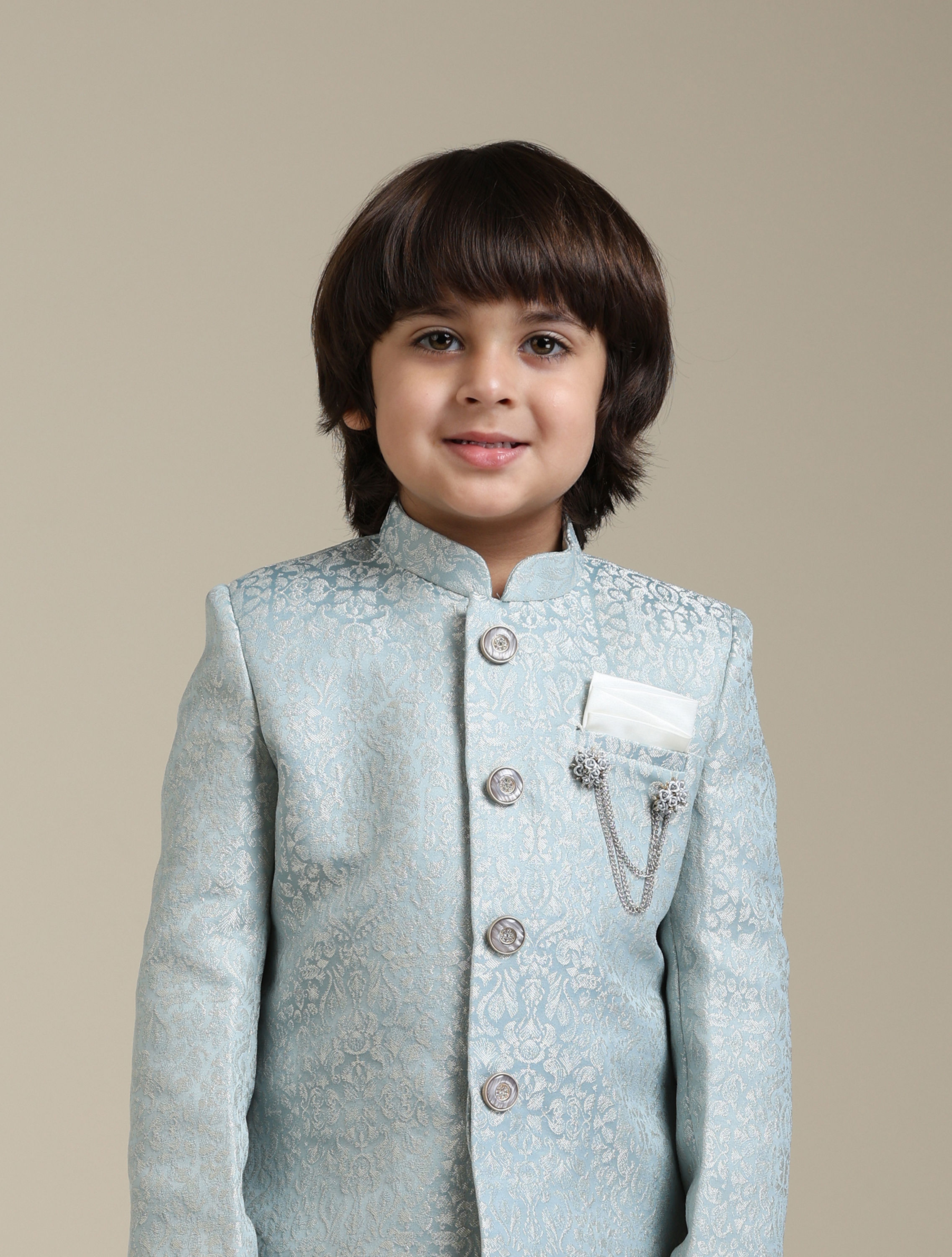 Manyavar Boys Boys Ice Blue Indo Western Set with Imperial Patterns in Brocade Weave