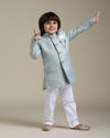 alt message - Manyavar Boys Boys Ice Blue Indo Western Set with Imperial Patterns in Brocade Weave image number 2