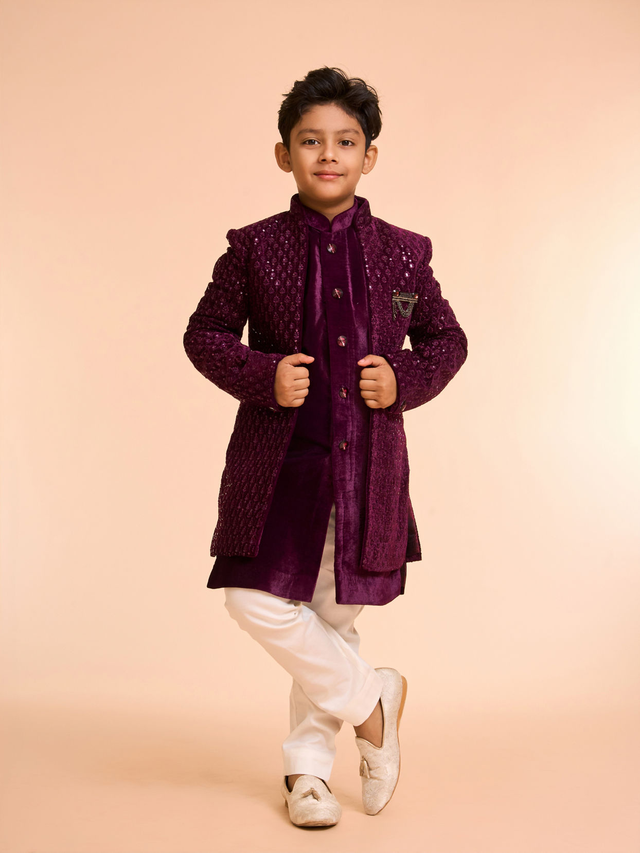 Manyavar Boys Wine Hues Velvet Indo Western