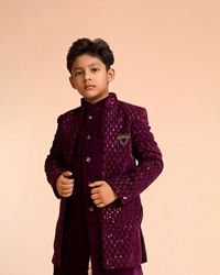 Manyavar Boys Wine Hues Velvet Indo Western