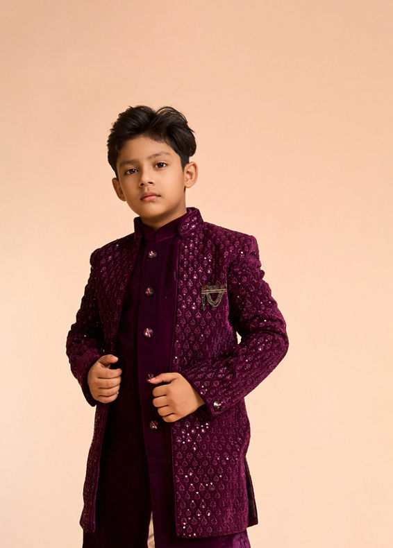 Manyavar Boys Wine Hues Velvet Indo Western