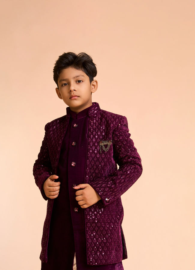 Manyavar Boys Wine Hues Velvet Indo Western